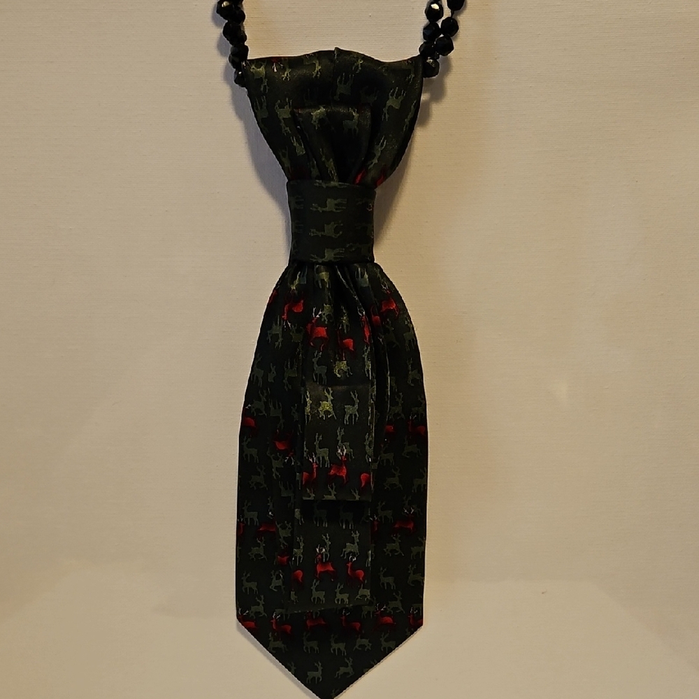 Ladies Tie Necklace Designer Green Tie with Red and Yellow Accents Marsh Deer